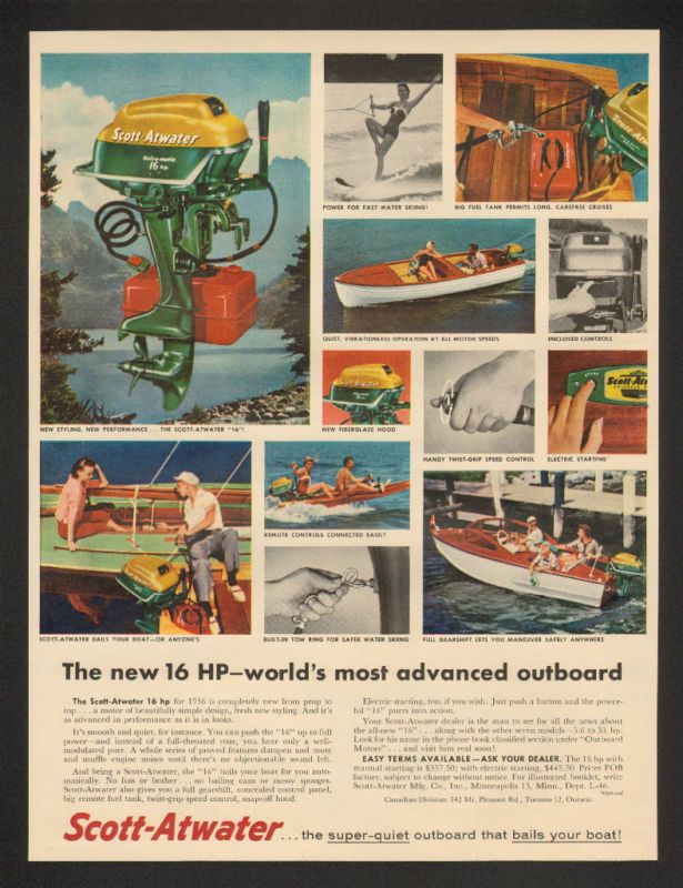 1956 Scott Atwater 16 HP Outboard Boat Motor Print Ad  