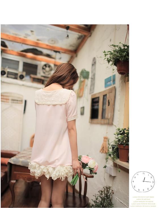 Korean Lace Collar Chiffon Blouse Top,9740P, PINK, sz S  