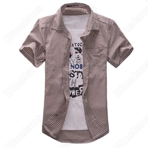 New Mens Slim Fit Casual & Dress Plaid Check Shirt Korean Style Blue 