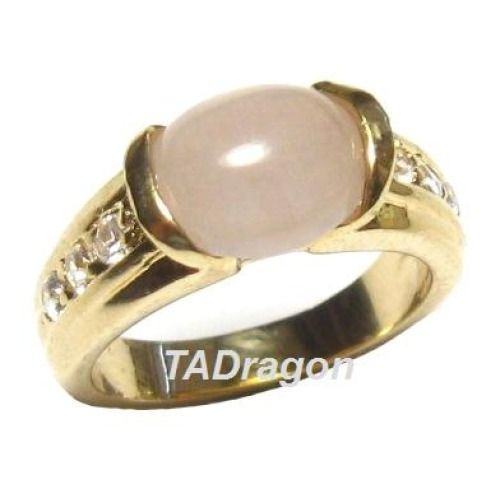 10MMX7MM GENUINE LIGHT PINK JADE 18K YGP CZ RING  