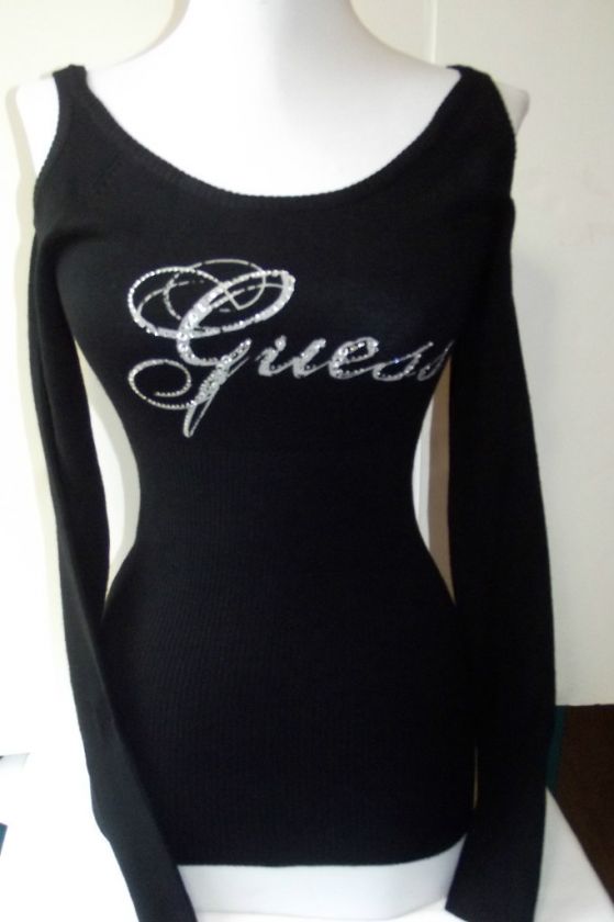 NEW WITH TAG GUESS BLACK SWEATER WITH GUESS LOGO RHINESTONES SMALL 