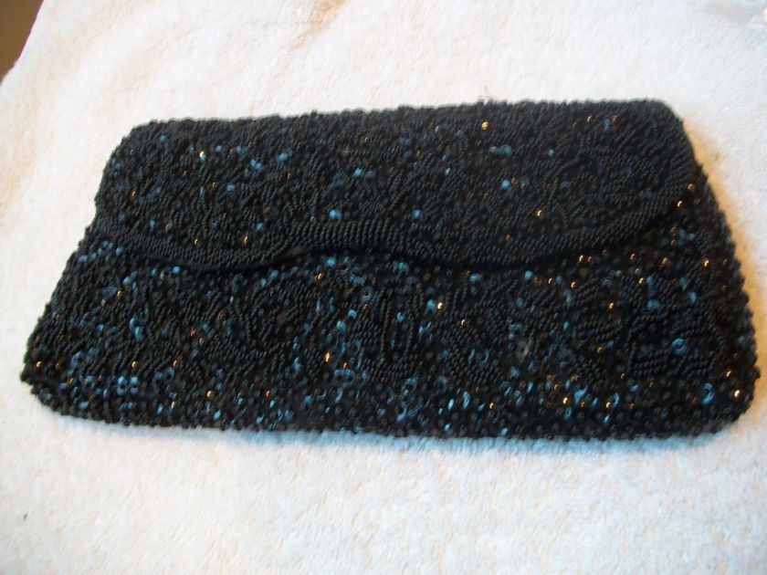 Beaded Sequin VTG Evening Clutch BAG Black Very Good  