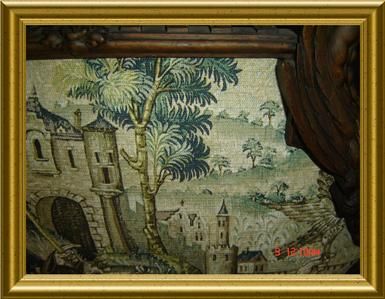   ,WOOD CARVED GARGOYLES FIREPLACE SCREEN W/ TAPESTRY C.1870  