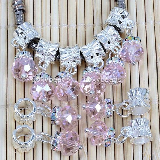 10PCS PINK Crystal Glass Dangle Bead Fit Charm Bracelet  