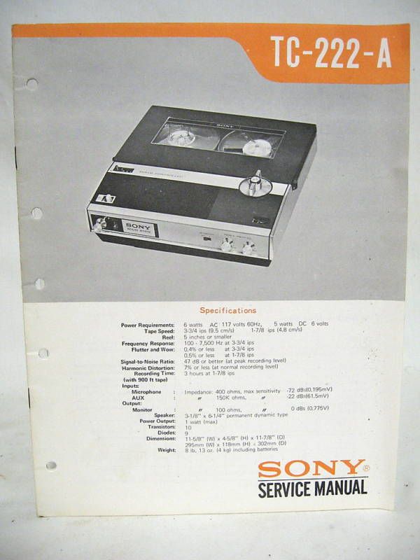 SONY SERVICE MANUAL TC 222 A REEL to REEL Tape Recorder  