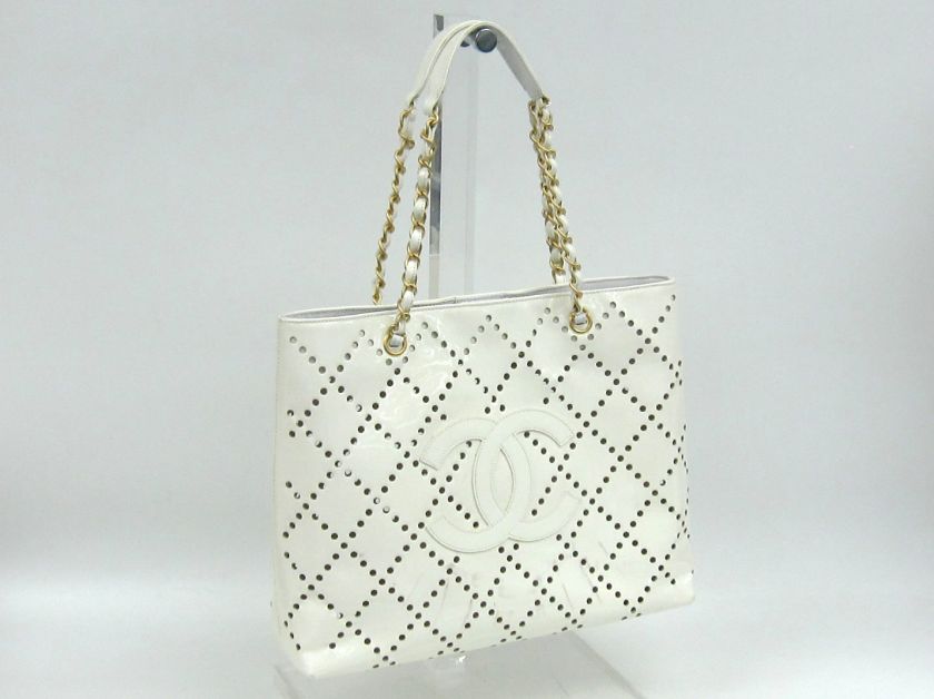 Auth CHANEL Punching Enamel Chain Shoulder Bag White A24553  