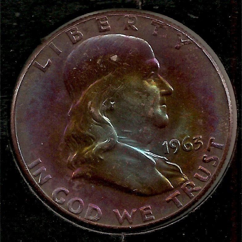 1963 AU, RAINBOW TONING (quite dark) Franklin Half Dollar #1  