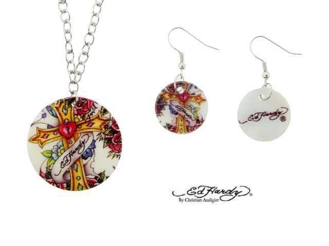 ED HARDY CROSS SHELL NECKLACE & EARRINGS SET  