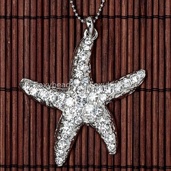 WHITE RHINESTONE *STARFISH* SILVERY PENDANT BEAD 1 PC  