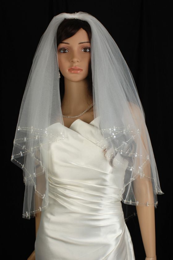 2T WHITE ELBOW CASCADE BEADED BRIDAL VEIL 25x30  