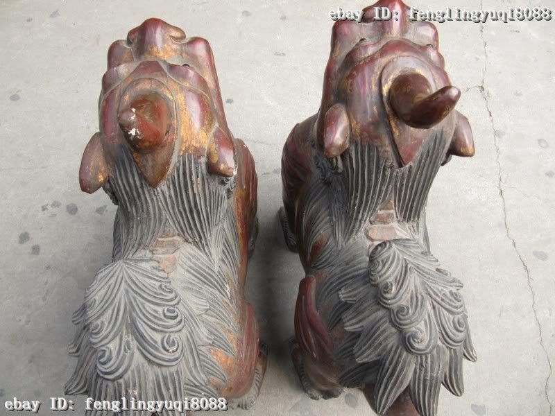   Chinese regius Wood Handwork painted Carved Foo Dog Lion Pair  