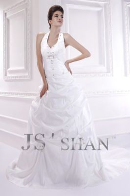 SALEJsshan White Taffeta Beading Halter Bridal Gown Wedding Dress,US4 