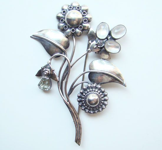 Vintage Sterling Silver Floral Cabochon Brooch Unique  