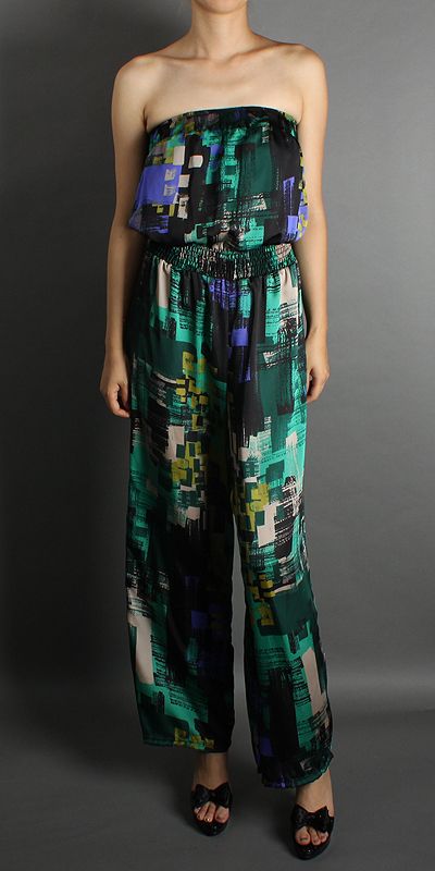 NEW Print Satin Tube Strapless Wide Leg Pants Jumpsuit  