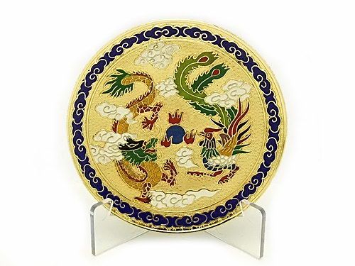 Feng Shui Dragon And Phoenix Enamel Cloisonne Plate  
