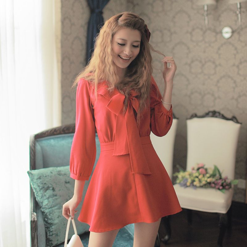 Womens Korean Vintage Style Bow Dress RED,Size S,5155R  