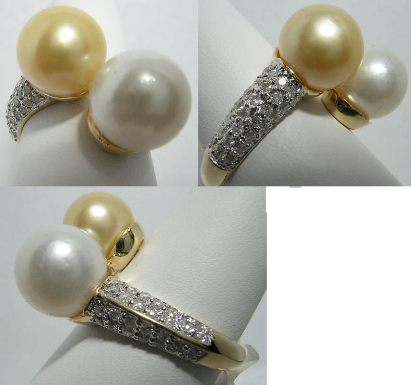 South Sea White & Golden Pearl Ring 14K Yellow Gold Diamond 0.56ct 