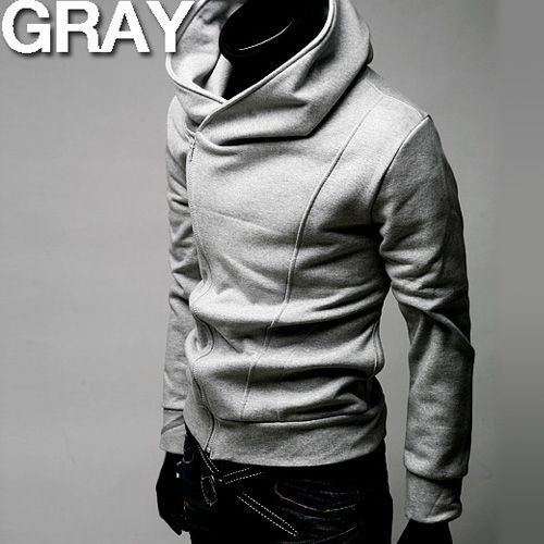 United MENS GRAY Exaggerated Collar Asymmetric Hoodie  