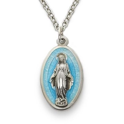 Holy Silver Blue Virgin Mary Miraculous Medal Necklace  