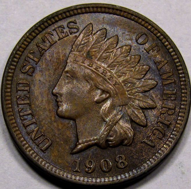 1908 Indian Head Cent, MS+. Original with Superb Luster. Neat Toning 