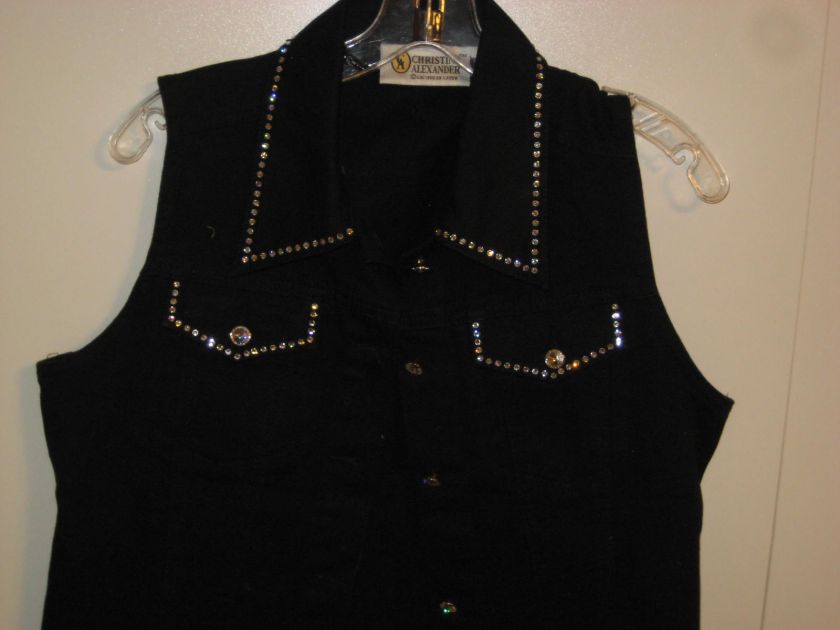 Christine Alexander Womens Black Cotton Rhinestone Studded Vest Small 