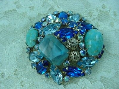 VTG JULIANA BLUE EASTER EGG CABOCHONS ART GLASS PIN BROOCH AURORA 