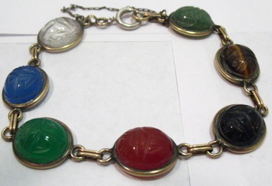 VINTAGE 14K GOLD EGYPTIAN SCARAB MULTI GEM BRACELET 15.4 GRAMS  