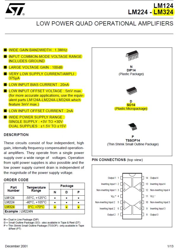 LM324DT LM324 Low Power Quad Op Amp SMD SOIC 14 ST  