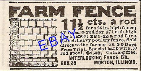 1914 INTERLOCKING FARM WOVEN WIRE FENCE AD MORTON IL  