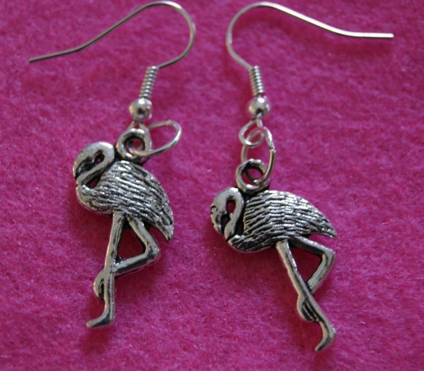 SILVER FLAMINGO CHARM EARRINGS COOL WONDERLAND BIRD  