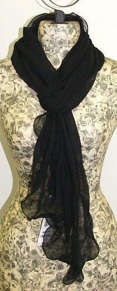 Charter Club Curly Ruffled Edge Silk Sheer Scarf Shawl Wrap Black 