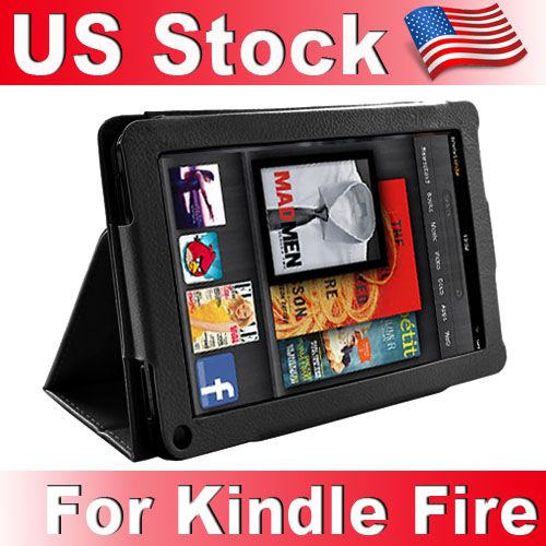   Protector + Stylus + Leather Case Cover Black for  Kindle Fire