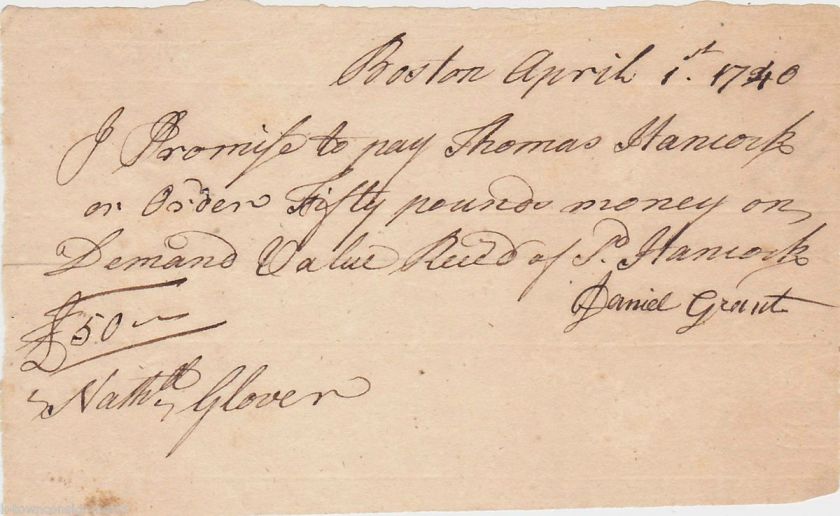   HANCOCK AUTOGRAPH SIGNED MASSACHUSETTS PROMISSORY NOTE DOCUMENT  