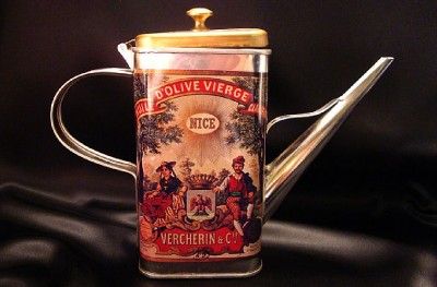 VINTAGE VERCHERIN NICE OLIVE OIL DECORATIVE CAN W/SPOUT  