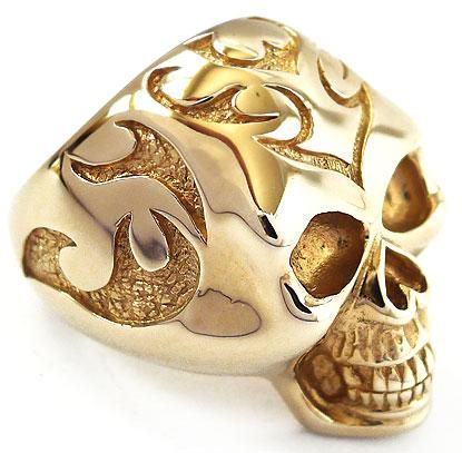 FLAME TRIBAL TATTOO SKULL GOLD BRASS BRONZE RING Sz 9 NEW BIG BIKER 