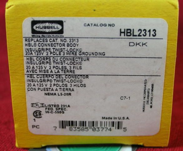 20a 125v Female Hubbell HBL 2313 Twist Lock Plug  