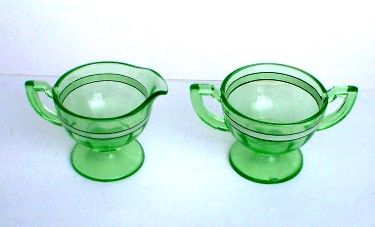 Creamer Set Pitcher & Bowl Depression Vaseline Green Glass  