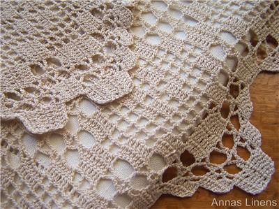 Antique Linen Tablecloth Wide Filet Crochet Lace Edge Beige  