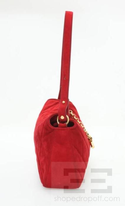 St. John Red Quilted Suede Gold Toggle Handbag  