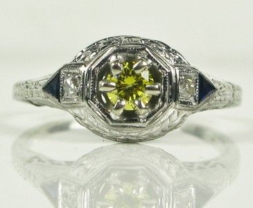 Deco 18k White Gold 1/2ct Vivid Canary Diamond & Gem Class Sapphire 