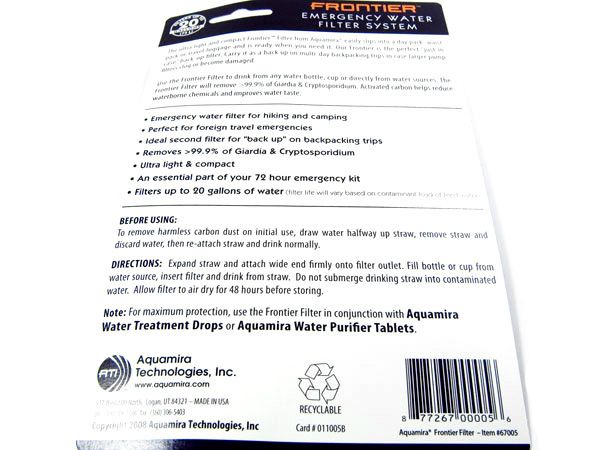 Aquamira Frontier Hiking Emergency Water Filter System  