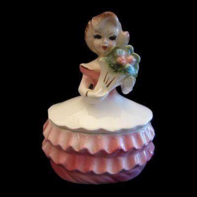 Vintage Artmark Girl w Flowers Lady Powder Jewelry Box  